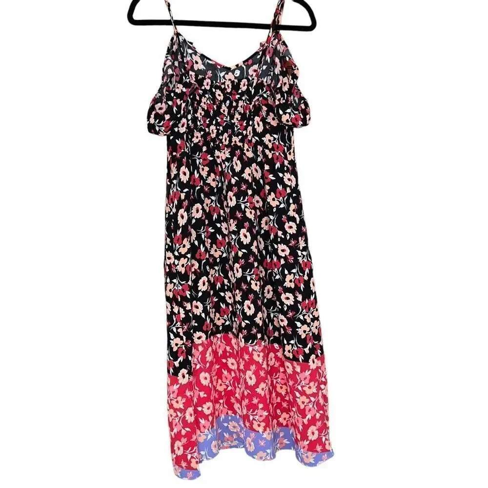 EXPRESS Floral Ruffle Red Black ColorBlock Dress W/ Double Slits Size M - Picture 3 of 7
